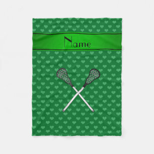 Personalised name lacrosse sticks green hearts fleece blanket