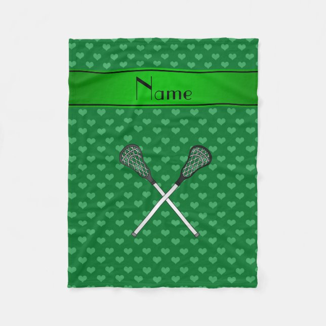 Personalised name lacrosse sticks green hearts fleece blanket (Front)