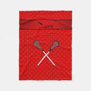 Personalised name lacrosse sticks red polka dots fleece blanket