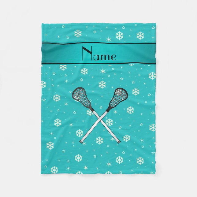 Personalised name lacrosse turquoise snowflakes fleece blanket (Front)