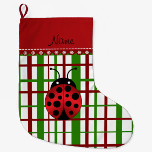 Personalised name ladybug christmas plaid large christmas stocking