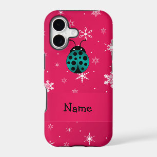 Personalised name ladybug dark pink snowflakes