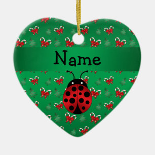 Personalised name ladybug green candy canes bows ceramic tree decoration