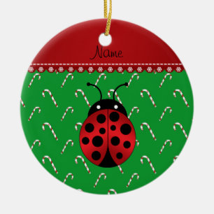 Personalised name ladybug green candy canes ceramic tree decoration
