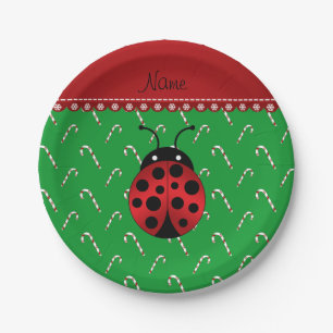 Personalised name ladybug green candy canes paper plate