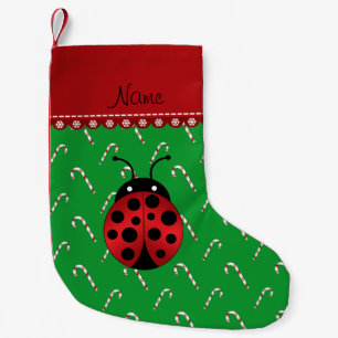 Personalised name ladybug green candy canes small christmas stocking
