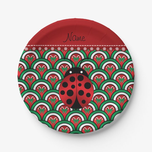 Personalised name ladybug half circles candy canes paper plate (Front)