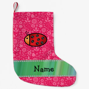 Personalised name ladybug pink floral pattern small christmas stocking