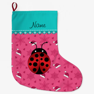 Personalised name ladybug pink santa hats large christmas stocking