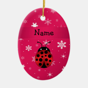 Personalised name ladybug pink snowflakes ceramic tree decoration