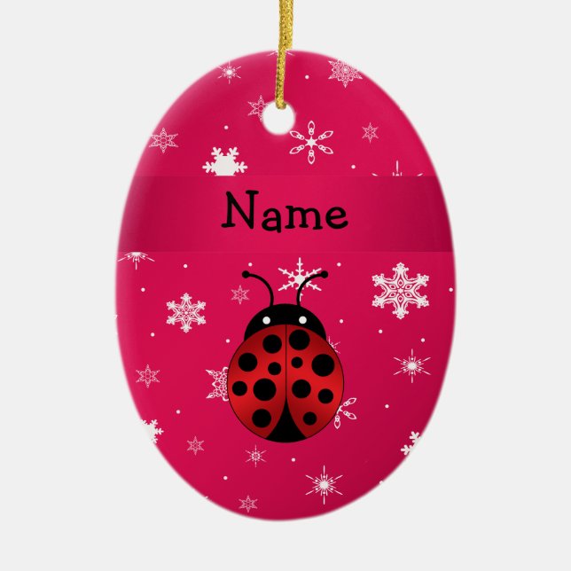 Personalised name ladybug pink snowflakes ceramic tree decoration (Front)