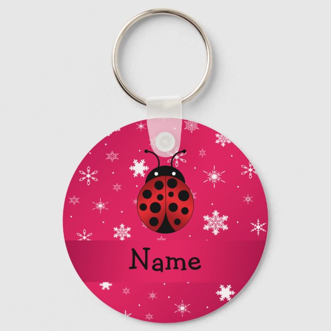 Personalised name ladybug pink snowflakes key ring (Front)