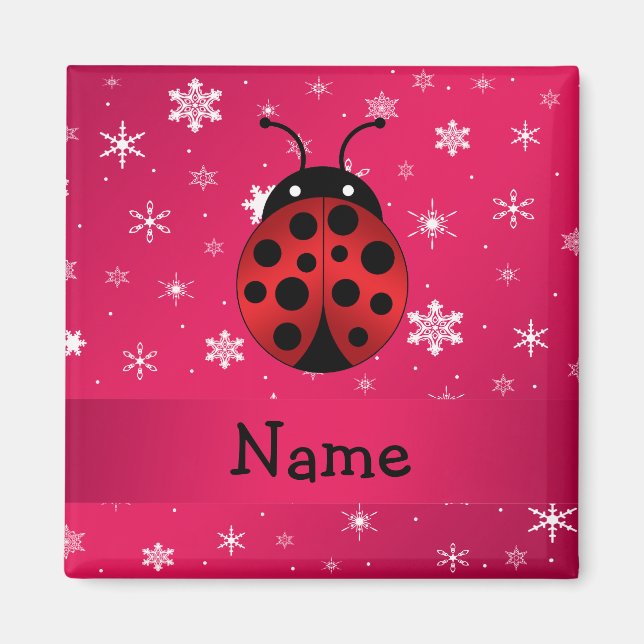 Personalised name ladybug pink snowflakes magnet (Front)