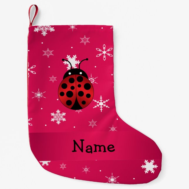 Personalised name ladybug pink snowflakes small christmas stocking (Front)