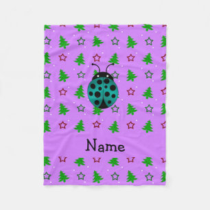 Personalised name ladybug purple christmas trees fleece blanket