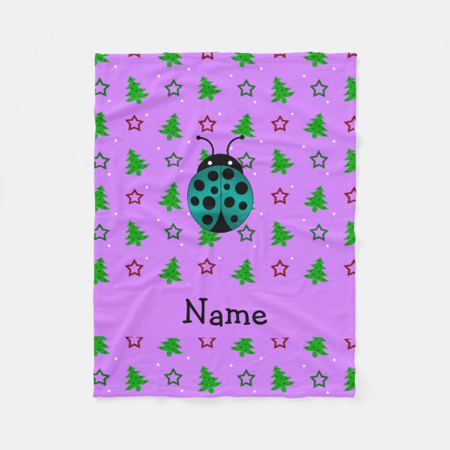 Personalised name ladybug purple christmas trees fleece blanket (Front)