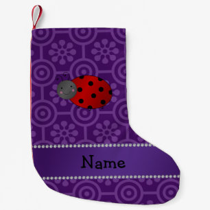 Personalised name ladybug purple retro flowers small christmas stocking