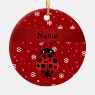 Personalised name ladybug red snowflakes ceramic tree decoration