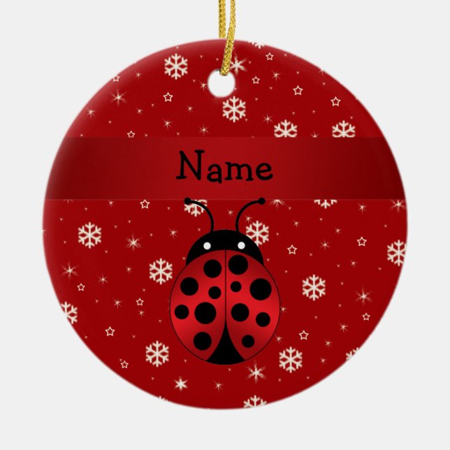 Personalised name ladybug red snowflakes ceramic tree decoration (Front)