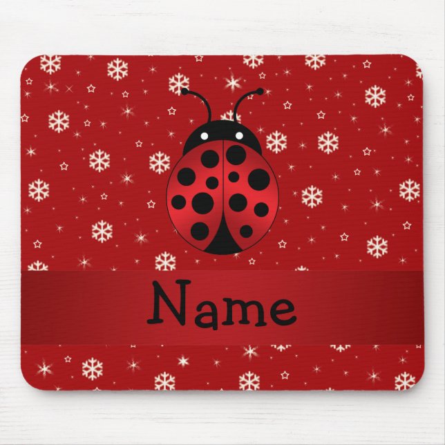Personalised name ladybug red snowflakes mouse mat (Front)