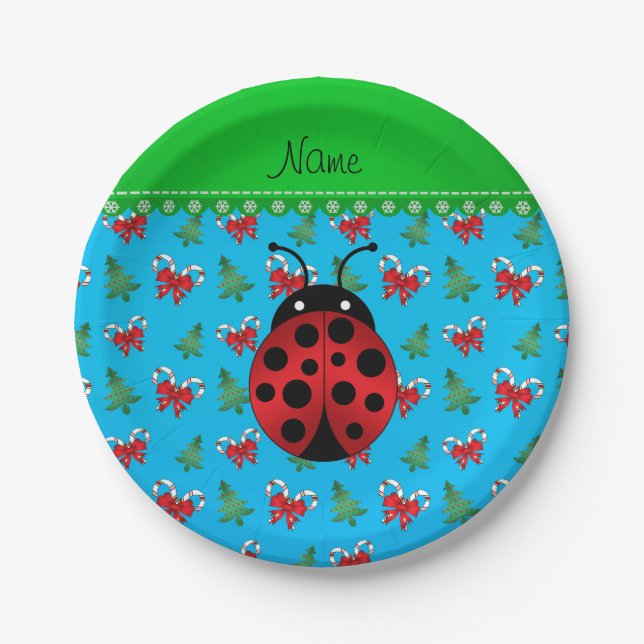 Personalised name ladybug sky blue candy canes bow paper plate (Front)