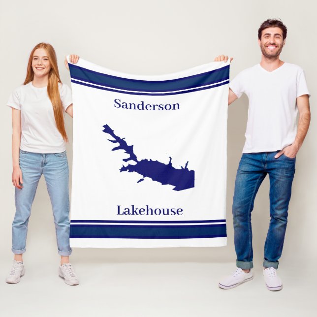 Personalised Name Lake Arrowhead Map Navy Blue Fleece Blanket (In Situ)
