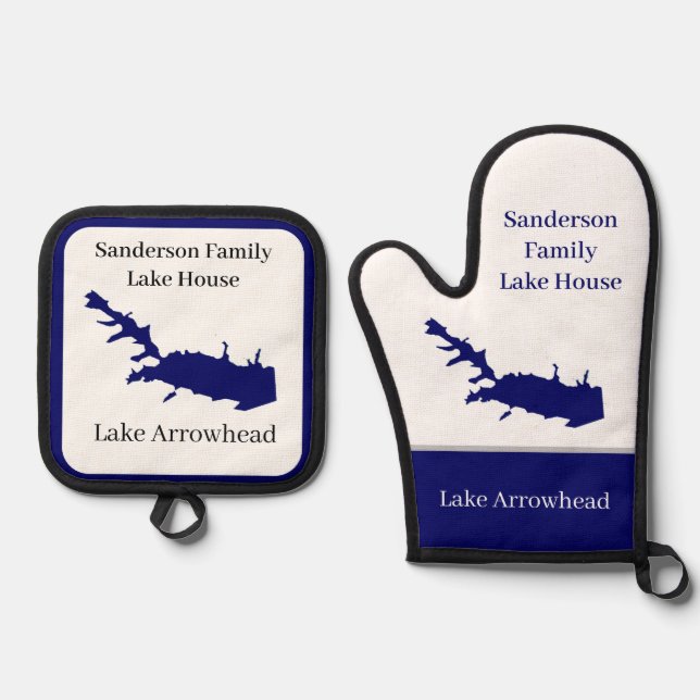 Personalised  Name Lake Arrowhead Map Navy Blue  Oven Mitt & Pot Holder Set (Front)