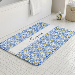 Personalised Name Lemon Azulejo Blue Tile Pattern Bath Mat