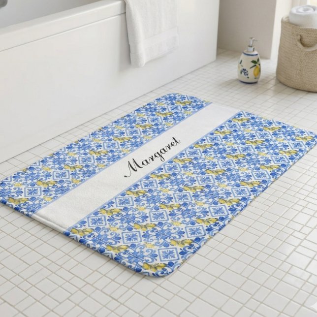 Personalised Name Lemon Azulejo Blue Tile Pattern Bath Mat (Creator Uploaded)
