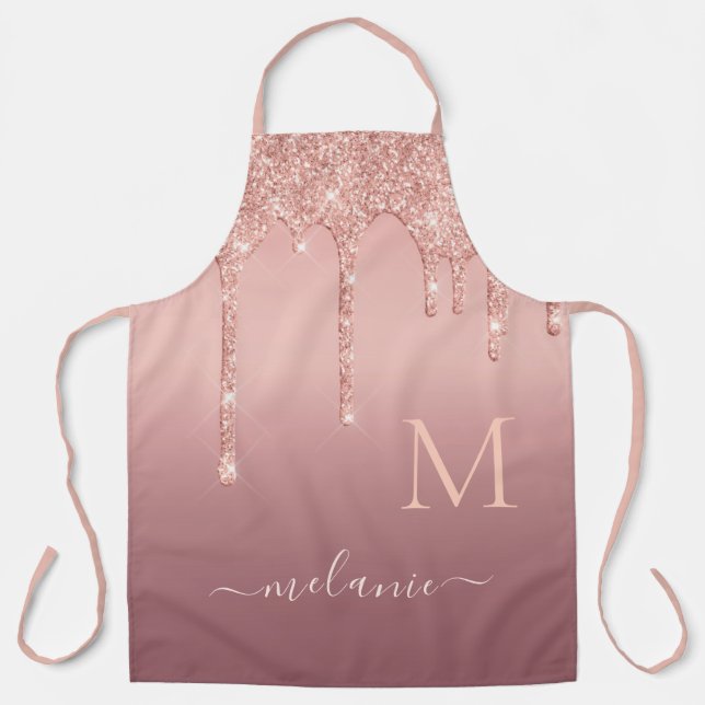 Personalised Name Letter Rose Gold Glitter Apron (Front)