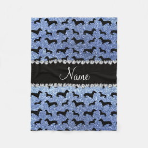 Personalised name light blue glitter dachshunds fleece blanket