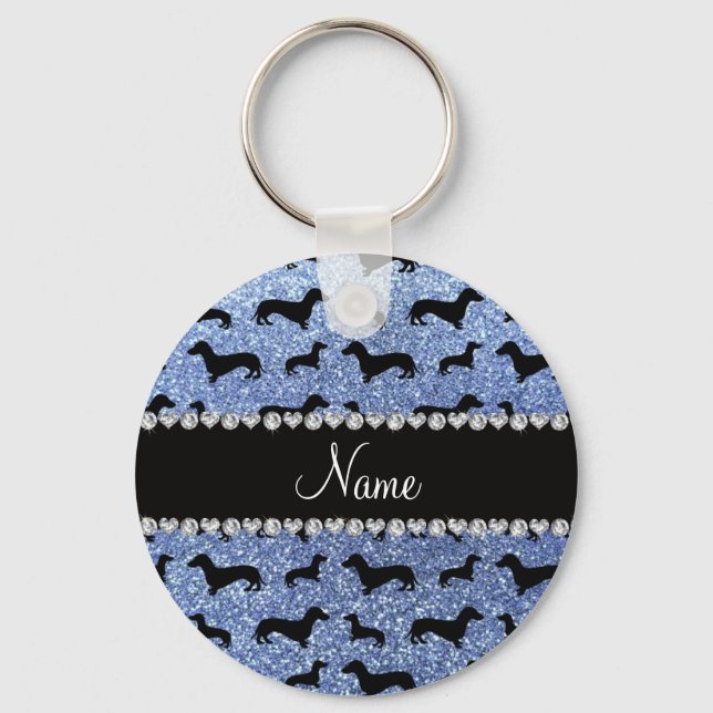 Personalised name light blue glitter dachshunds key ring (Front)