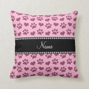 Personalised name light pink hearts and paw prints cushion