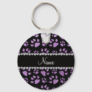 Personalised name light purple glitter cat paws key ring