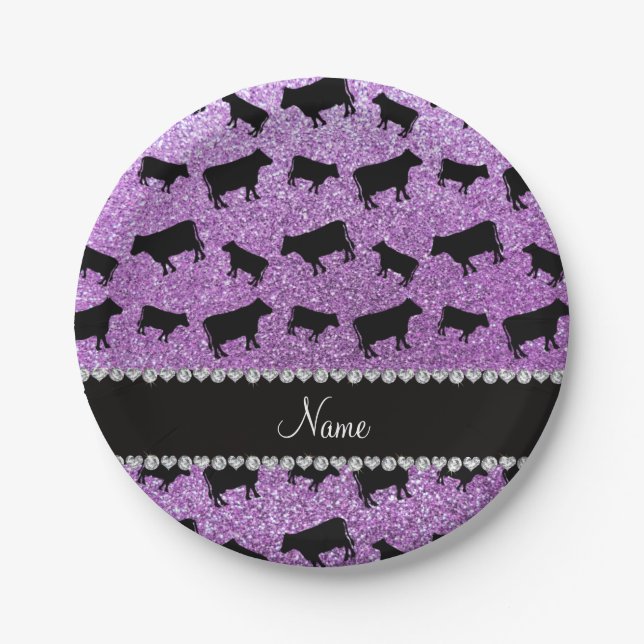 Personalised name light purple glitter cows paper plate (Front)