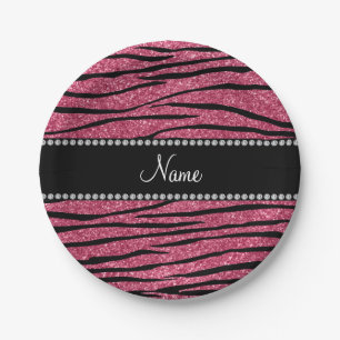 Personalised name light rose glitter zebra stripes paper plate