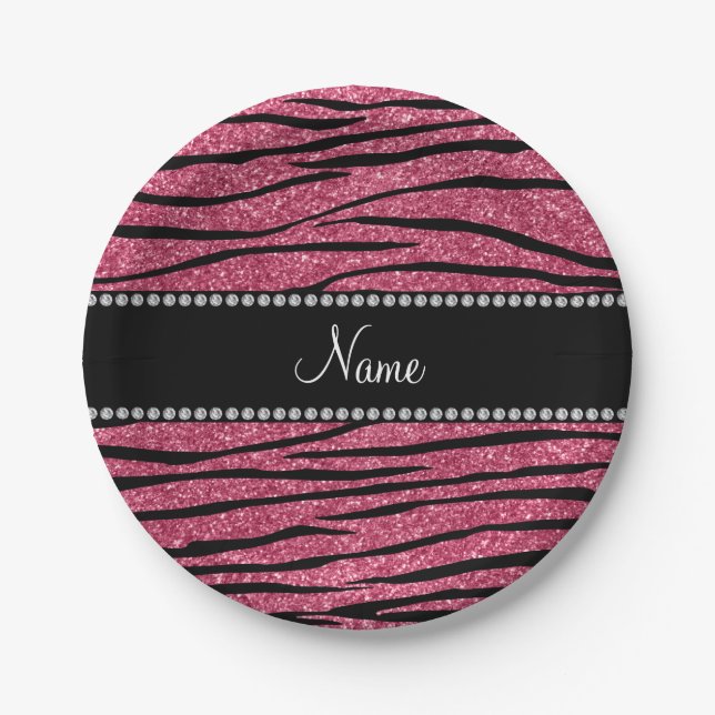 Personalised name light rose glitter zebra stripes paper plate (Front)