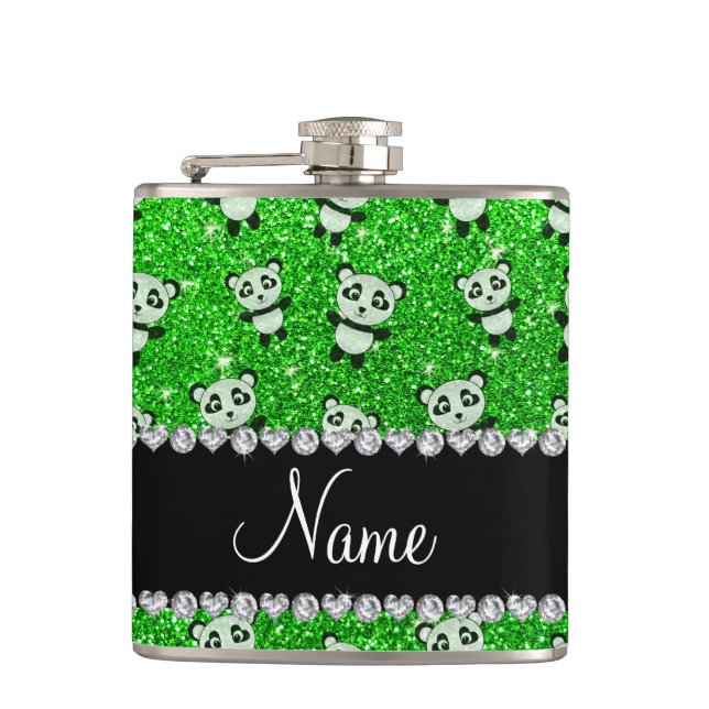 Personalised name lime green glitter pandas hip flask (Front)