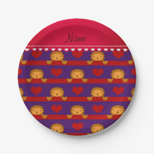 Personalised name lion purple hearts stripes paper plate