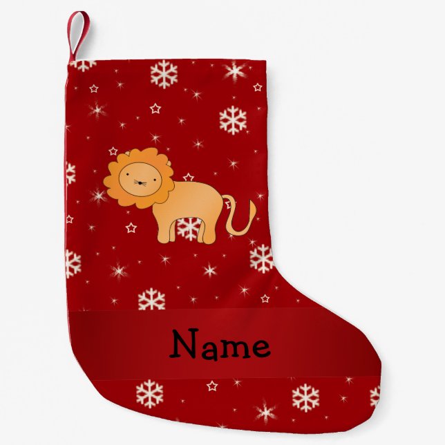 Personalised name lion red snowflakes small christmas stocking (Front)