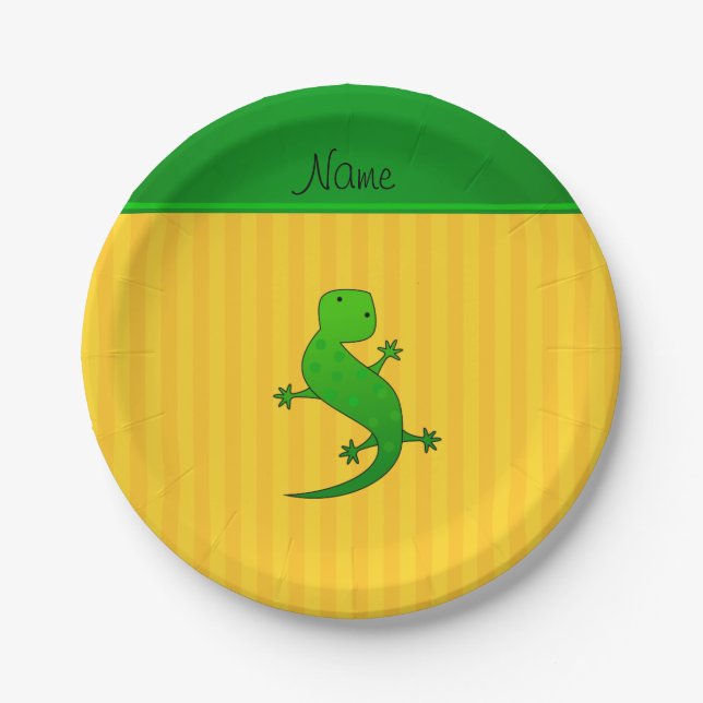 Personalised name lizard yellow stripes paper plate (Front)