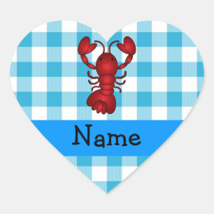 Personalised name lobster blue gingham pattern heart sticker