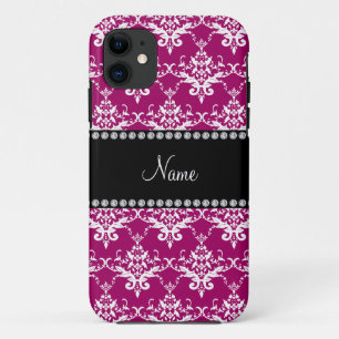 Personalised name magenta pink white damask iPhone 11 case
