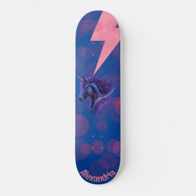 Personalised Name Magical Unicorn Pink Lightning Skateboard (Front)