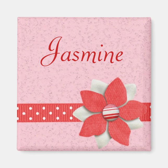 Personalised Name Magnet - Red ribbon and flower (Front)