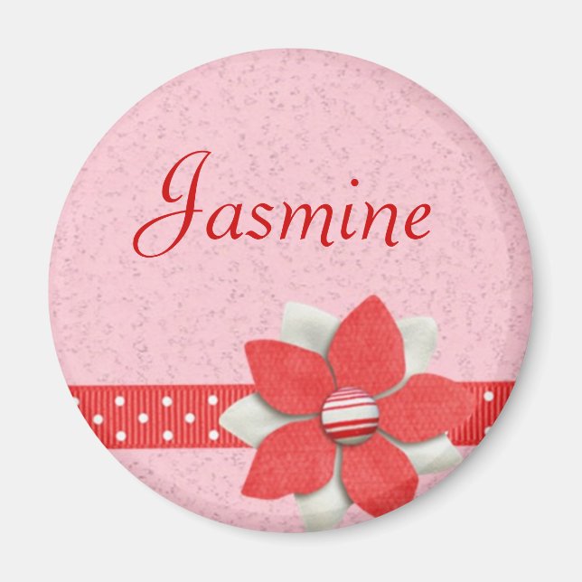 Personalised Name Magnet - Red ribbon and flower (Front)