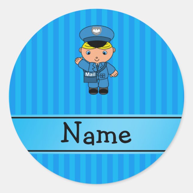 Personalised name mailman blue stripes classic round sticker (Front)