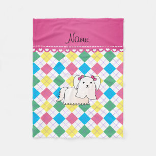 Personalised name maltese rainbow argyle fleece blanket