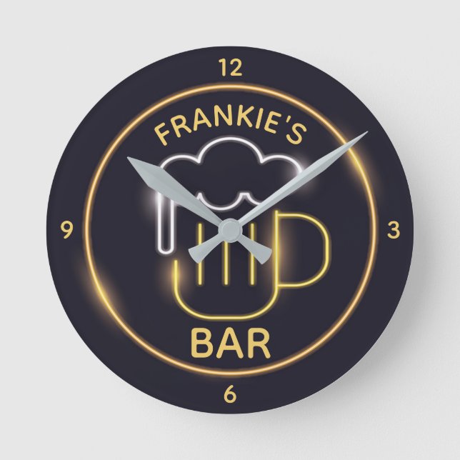 Personalised NAME Man Cave Beer Custom Neon Bar Round Clock (Front)