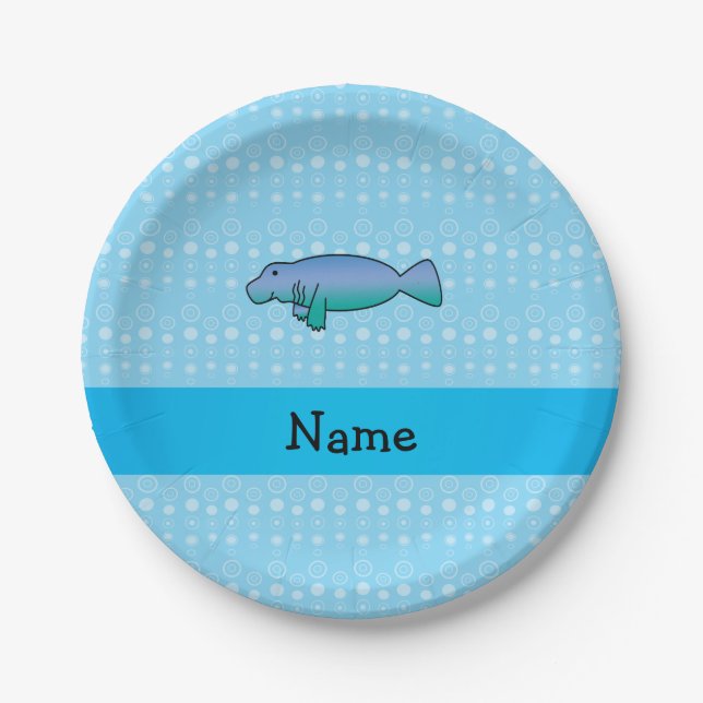 Personalised name manatee blue bubbles paper plate (Front)